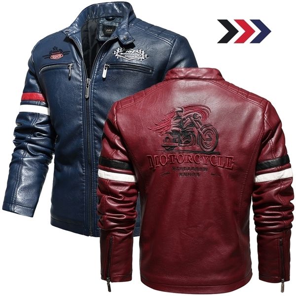 fashion brand men's retro pu jackets men slim fit motorcycle leather jacket outwear male warm bomber military outdoor coat 201223, Black
fashion brand men's retro pu jackets men slim fit motorcycle leather jacket outwear male warm bomber military outdoor coat 201223, Black
