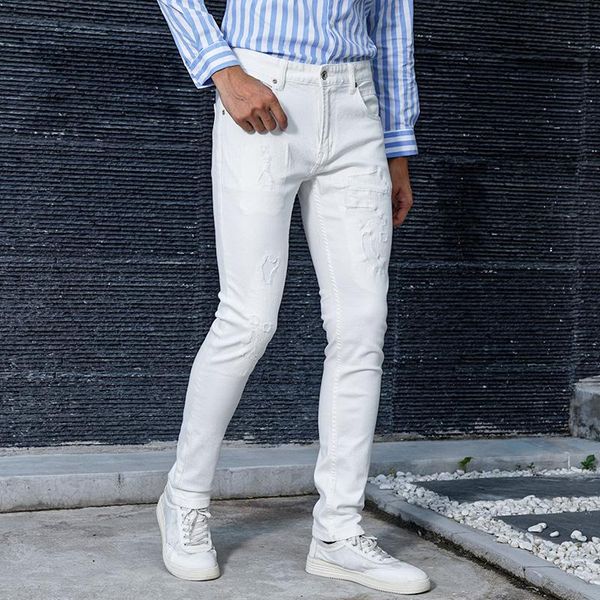 men's jeans american streetwear fashion men white slim fit elastic ripped patchwork vintage designer long pants, Blue
men's jeans american streetwear fashion men white slim fit elastic ripped patchwork vintage designer long pants, Blue