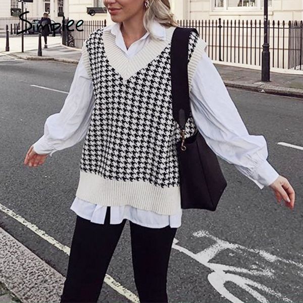 simplee houndstooth knitted sweater vest women v neck sleeveless oversized pullover vintage fall winter female waistcoat sweater 201031, White;black
simplee houndstooth knitted sweater vest women v neck sleeveless oversized pullover vintage fall winter female waistcoat sweater 201031, White;black