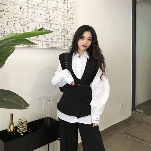 women spring autumn retro chic girls trend design single breasted printed white shirt + vest with belt casual suit
women spring autumn retro chic girls trend design single breasted printed white shirt + vest with belt casual suit