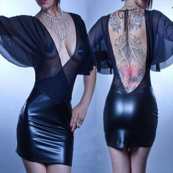 new faux leather latex dress erotic deep v neck backless see through black transparent mesh dress fetish clubwear, Black;gray
new faux leather latex dress erotic deep v neck backless see through black transparent mesh dress fetish clubwear, Black;gray