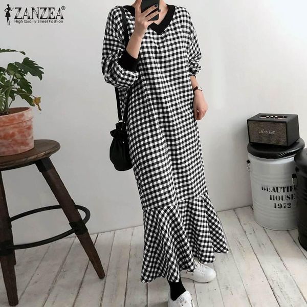 

fashion women ruffles hem long dress zanzea autumn v neck plaid checked party sundress elegant long sleeve flounce vestido robe7, Black;gray