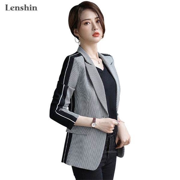 lenshin women elegant plaid jacket with pockets blazer fashion keep slim single button office lady contrast color coat outwear y201026, White;black
lenshin women elegant plaid jacket with pockets blazer fashion keep slim single button office lady contrast color coat outwear y201026, White;black