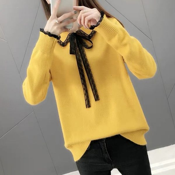sweet style fashion lace stitching long-sleeved casual solid color bow decoration women's pullover sweater, White;black
sweet style fashion lace stitching long-sleeved casual solid color bow decoration women's pullover sweater, White;black