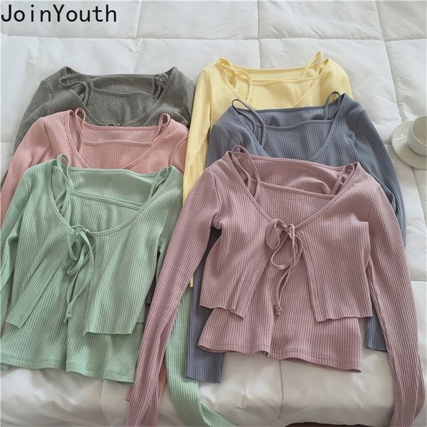 joinyouth womens cardigan two pieces sets knitted sweater 2020 korean clothing lace up cardigans thin slim crop pullover lj201126, White;black
joinyouth womens cardigan two pieces sets knitted sweater 2020 korean clothing lace up cardigans thin slim crop pullover lj201126, White;black