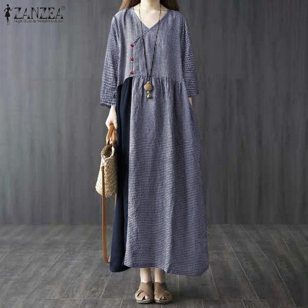 female plaid v neck vestido zanzea vintage patchwork kaftan casual button up robe femme womens spring autumn maxi dress oversize, Black;gray
female plaid v neck vestido zanzea vintage patchwork kaftan casual button up robe femme womens spring autumn maxi dress oversize, Black;gray