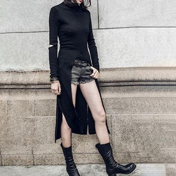 autumn womens blouses bodycon black long sleeve gothic style slim streetwear turtleneck irregular hem high split dress1, Black;gray
autumn womens blouses bodycon black long sleeve gothic style slim streetwear turtleneck irregular hem high split dress1, Black;gray