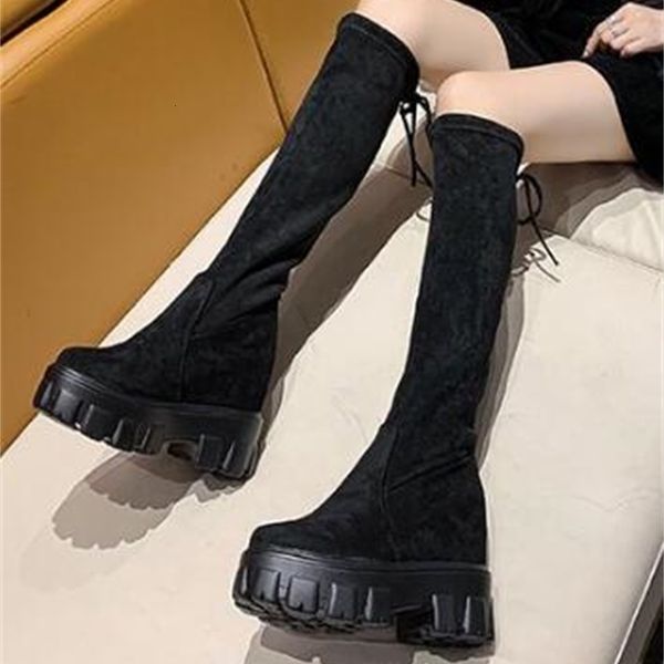 new winter 2021 woman equestrian boots single female bow-up chunky thin fashion shoes black boot 35-40 2uxk