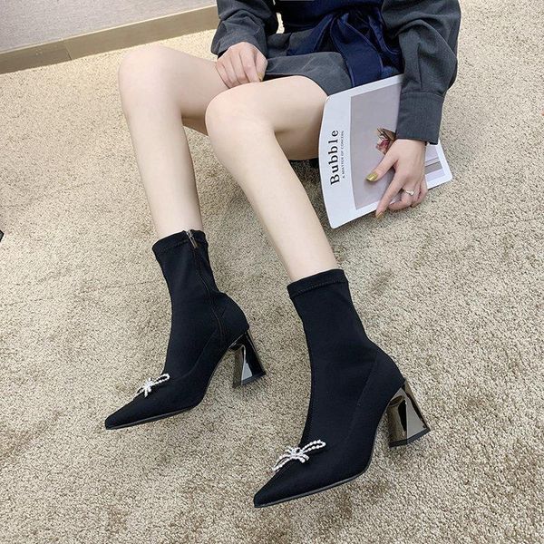 shoes 2020 spring and autumn new pointed toe short boots women's socks boots rhinestone bow stiletto high heel martin, Black
shoes 2020 spring and autumn new pointed toe short boots women's socks boots rhinestone bow stiletto high heel martin, Black