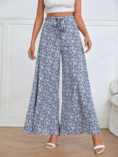 ditsy floral belted wide leg pants d74t#, Black;white