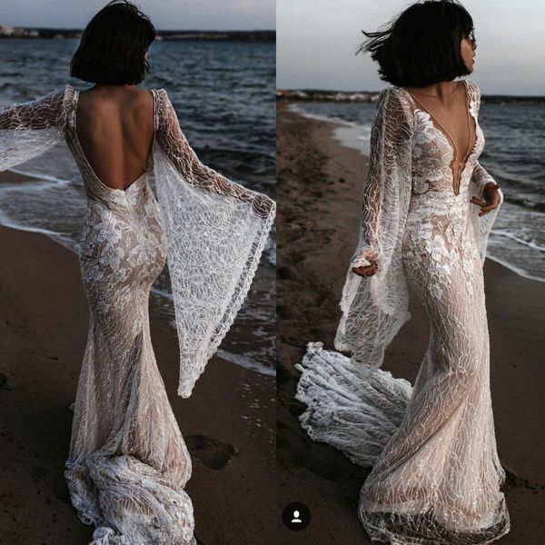 2021 beach mermaid wedding dresses vestidos de novia deep v neck boho bridal gowns lace long sleeve open back wedding dress, White
2021 beach mermaid wedding dresses vestidos de novia deep v neck boho bridal gowns lace long sleeve open back wedding dress, White