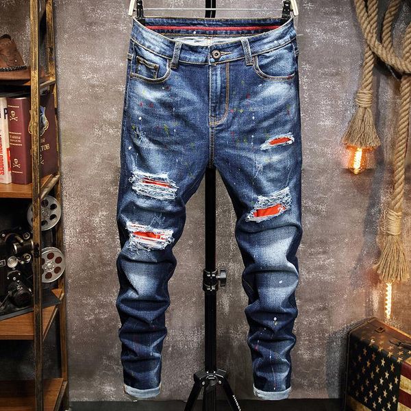 men's jeans 2021 spring high-end brand business trend ripped patch denim trousers male slim feet stretch straight-leg pants, Blue
men's jeans 2021 spring high-end brand business trend ripped patch denim trousers male slim feet stretch straight-leg pants, Blue