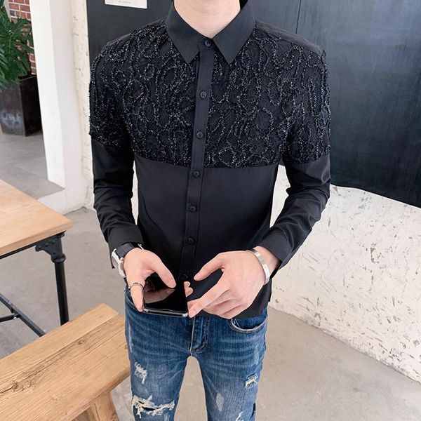 black/white fashion lace spliced shirts for men clothing 2021 simple slim fit casual night club prom tuxedo dress 3xl- hot, White;black
black/white fashion lace spliced shirts for men clothing 2021 simple slim fit casual night club prom tuxedo dress 3xl- hot, White;black