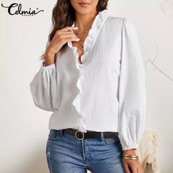women elegant ruffles v-neck shirts celmia 2020 lantern sleeve blouses autumn casual solid office loose blusas mujer, White
women elegant ruffles v-neck shirts celmia 2020 lantern sleeve blouses autumn casual solid office loose blusas mujer, White