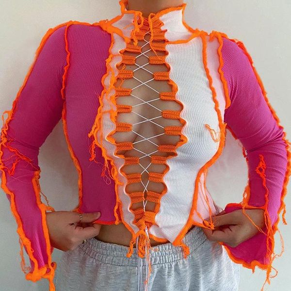 women's blouses & shirts women lace up hollow out see through fashion turtleneck long sleeve stitching color block slim fit streetw, White 
women's blouses & shirts women lace up hollow out see through fashion turtleneck long sleeve stitching color block slim fit streetw, White