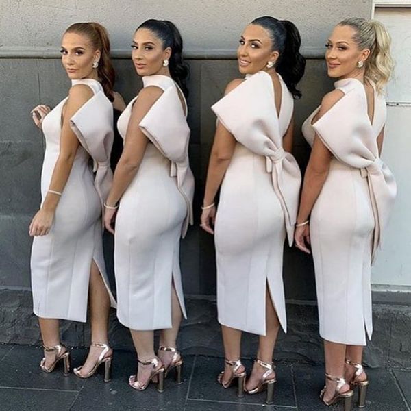 satin tea length bridesmaid dresses sheath high neck robe mariage with big bow back slit wedding party dress for maid of honor, White;pink
satin tea length bridesmaid dresses sheath high neck robe mariage with big bow back slit wedding party dress for maid of honor, White;pink