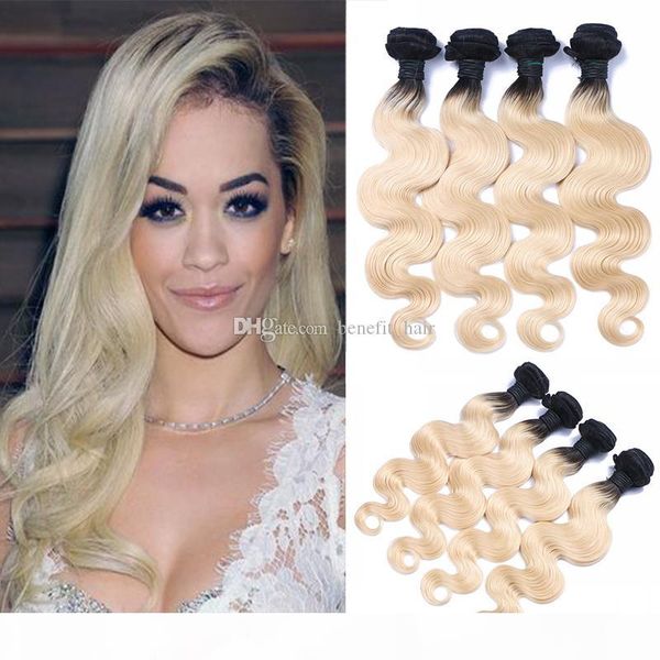 brazilian ombre #1b 613 body wave hair bundles 4pcs lot dark root blonde 613 blond ombre human hair weaving weft bundles for woman, Black