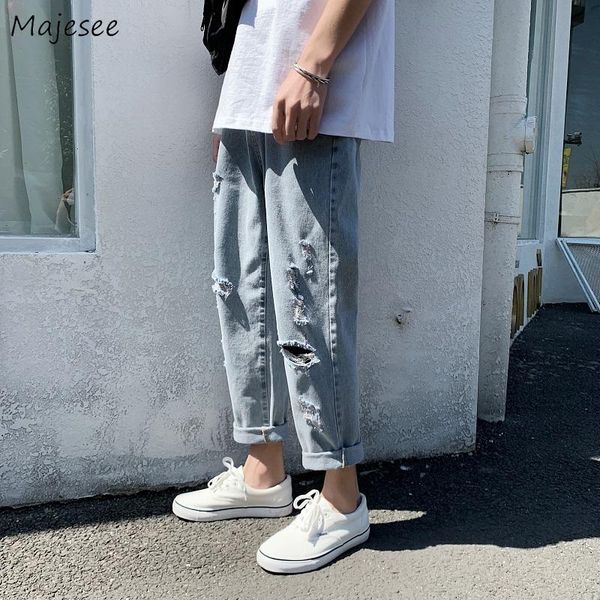 men's jeans men straight hole loose ankle length trendy cool teenagers baggy solid harajuku denim trousers punk leisure chic all-match, Blue
men's jeans men straight hole loose ankle length trendy cool teenagers baggy solid harajuku denim trousers punk leisure chic all-match, Blue