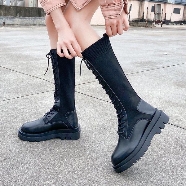 boots lace up platform long woman pu patchwork motorcycle botas mujer drop women knit elastic cloth knee high, Black
boots lace up platform long woman pu patchwork motorcycle botas mujer drop women knit elastic cloth knee high, Black