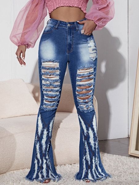 sxy high waist bleach wash ladder distressed flare leg jeans 744c#, Blue 
sxy high waist bleach wash ladder distressed flare leg jeans 744c#, Blue