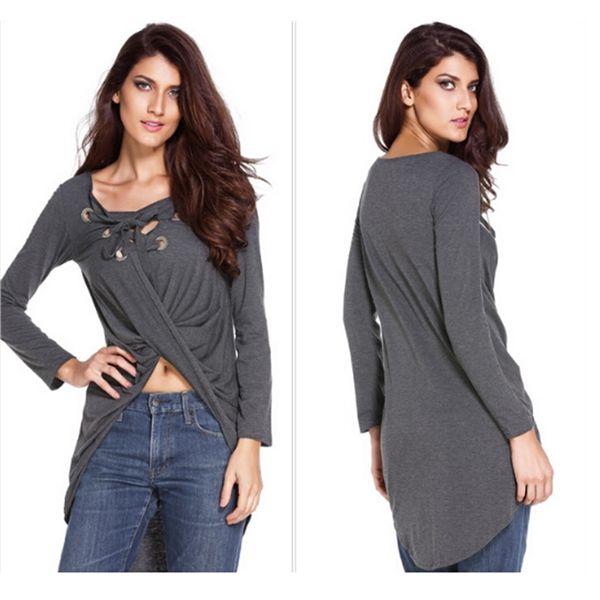 casual loose bandage tshirts women irregular front short back long v-neck spring autumn long sleeves tees, White
casual loose bandage tshirts women irregular front short back long v-neck spring autumn long sleeves tees, White