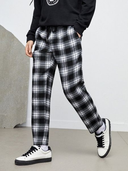 men tartan slant pockets drawstring waist straight pants t4cv#, Black