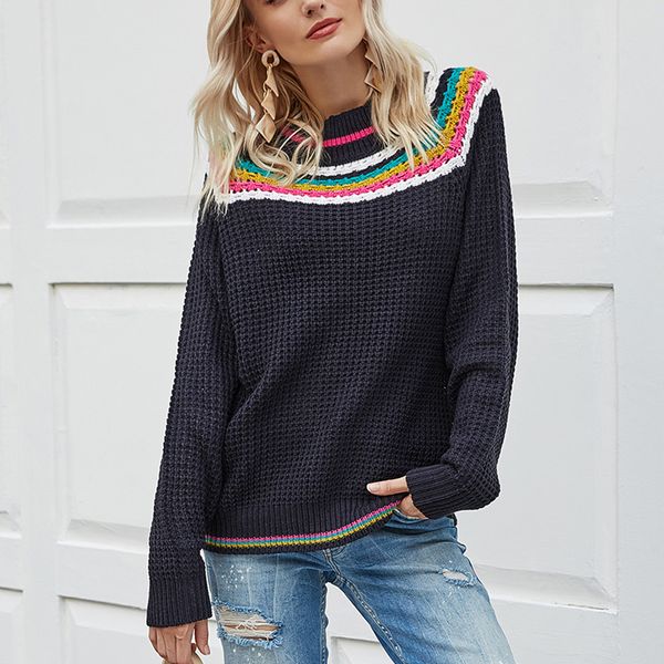women's 2020 autumn fashion stitching contrast color comfortable long-sleeved sweater ladies round neck pullover sweaters, White;black
women's 2020 autumn fashion stitching contrast color comfortable long-sleeved sweater ladies round neck pullover sweaters, White;black