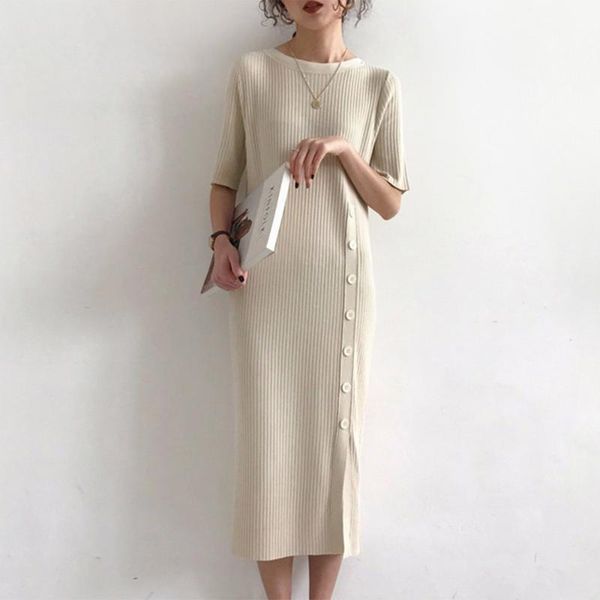 summer korean style knitted sweater dress women elegant solid half sleeve buttons slim midi dresses casual office minimalist1, Black;gray
summer korean style knitted sweater dress women elegant solid half sleeve buttons slim midi dresses casual office minimalist1, Black;gray