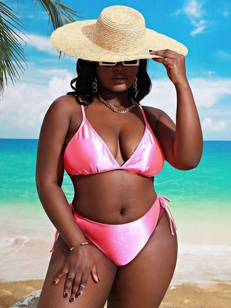 plus ruched tie side bikini swimsuit v3c6#, Black