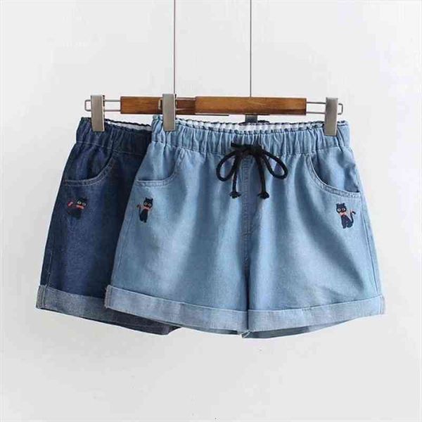 japanese soft sister rolled kawaii women denim shorts summer cat embroidery elastic drawstring waist cuffs casual jean shorts, White;black
japanese soft sister rolled kawaii women denim shorts summer cat embroidery elastic drawstring waist cuffs casual jean shorts, White;black