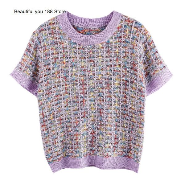 women's t-shirt 2021 spring and summer rainbow color knitted short sleeve silver silk micro flash crochet pullover, White
women's t-shirt 2021 spring and summer rainbow color knitted short sleeve silver silk micro flash crochet pullover, White