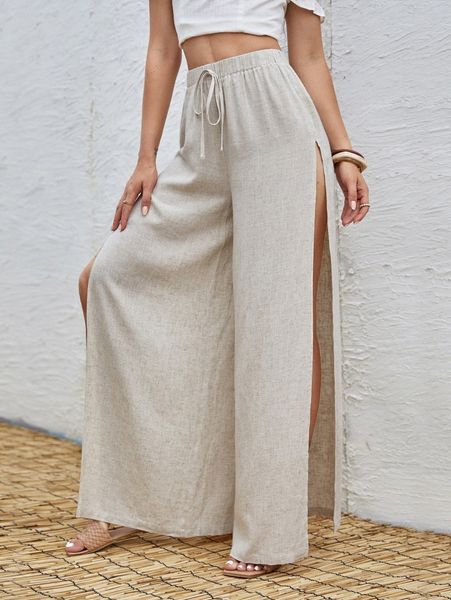 tie waist split thigh wide leg pants x2ef#, Black;white 
tie waist split thigh wide leg pants x2ef#, Black;white