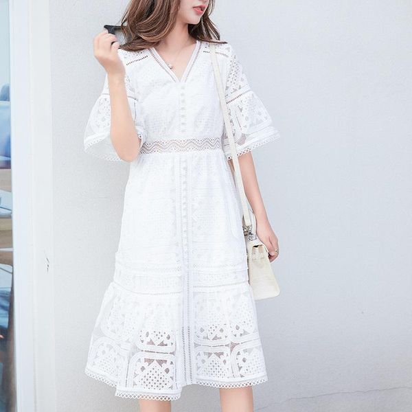 women dresses long flare sleeve v neck white party heavy industry hollow lace dress female white fairy long dress new seaside vacation, White;black
women dresses long flare sleeve v neck white party heavy industry hollow lace dress female white fairy long dress new seaside vacation, White;black