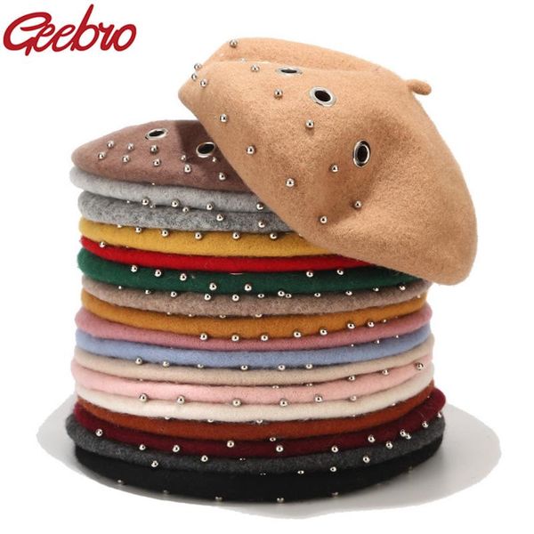 geebro women autumn winter vintage rivet pearl berets wool solid color bere hat girls personality street hat bonnet caps, Blue;gray
geebro women autumn winter vintage rivet pearl berets wool solid color bere hat girls personality street hat bonnet caps, Blue;gray