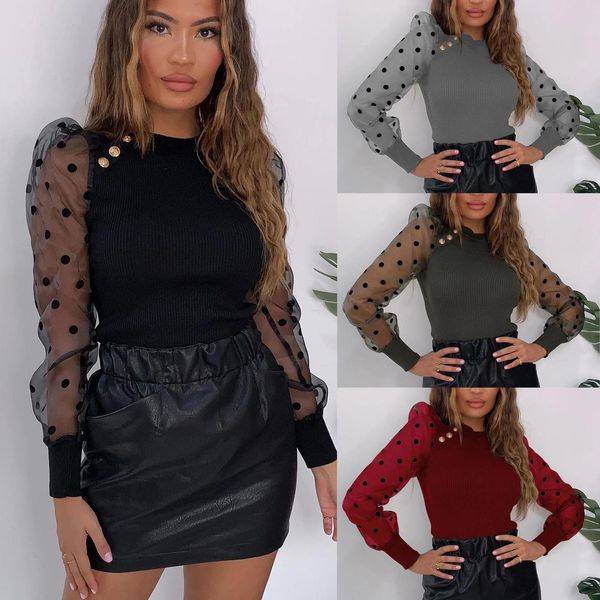 women skinny mesh polka dot patchwork round lantern sleeve women and shirt long sleeve women shirt, White
women skinny mesh polka dot patchwork round lantern sleeve women and shirt long sleeve women shirt, White