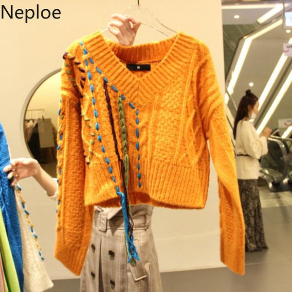 neploe contrast color patch pullover sweater loose crazy style v neck lacing tassel jersey sueter short knit pull femme 47754, White;black
neploe contrast color patch pullover sweater loose crazy style v neck lacing tassel jersey sueter short knit pull femme 47754, White;black