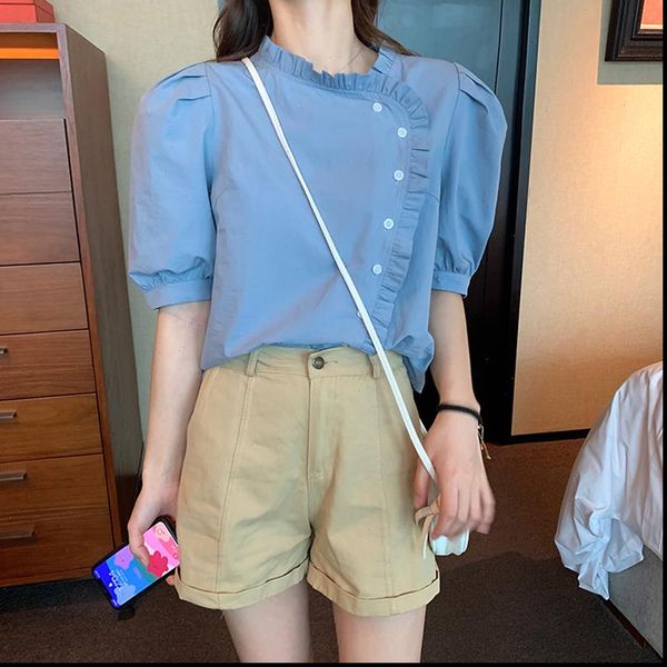 perhaps u white blue stand collar solid shirt puff short sleeve button blouse summer casual loose women ruffle b0558
perhaps u white blue stand collar solid shirt puff short sleeve button blouse summer casual loose women ruffle b0558