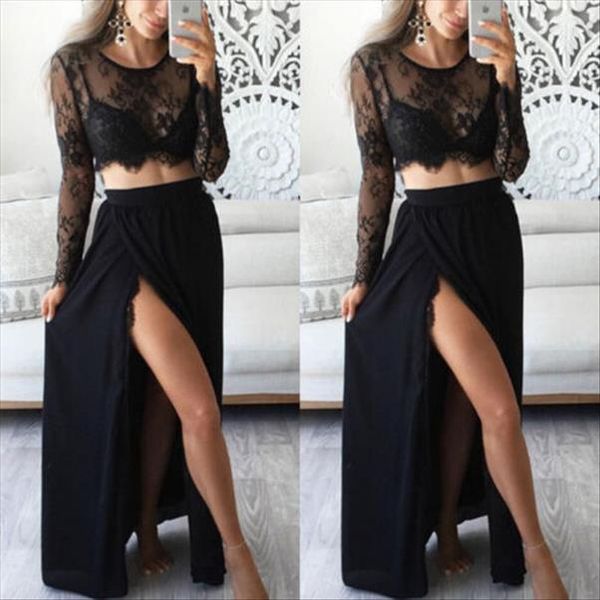 2 pieces women black lace dress evening party long sleeve tranparent crop womens suit two piece set costume, Gray
2 pieces women black lace dress evening party long sleeve tranparent crop womens suit two piece set costume, Gray