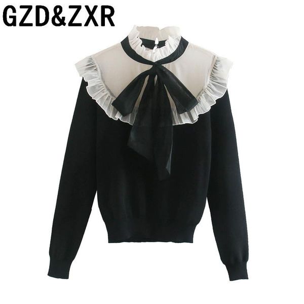 women's sweaters gzd&zxr 2021 stand-up collar with bow and flounce stitching knit sweater, White;black
women's sweaters gzd&zxr 2021 stand-up collar with bow and flounce stitching knit sweater, White;black