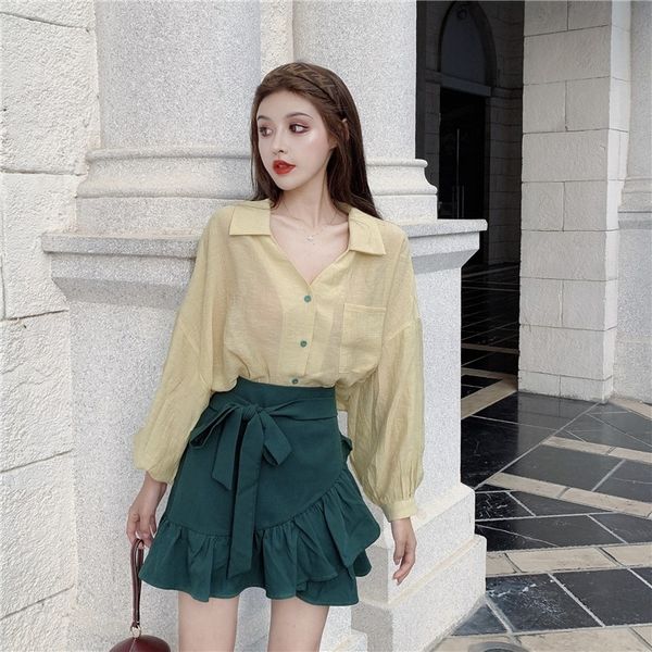 fashion side skirt shirt lantern suit women's 2020 spring lantern sleeve shirt lace-up waist a- shaped flounced skirt two-piece set h57, Gray
fashion side skirt shirt lantern suit women's 2020 spring lantern sleeve shirt lace-up waist a- shaped flounced skirt two-piece set h57, Gray