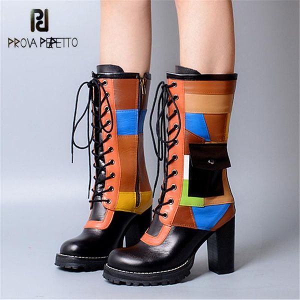 boots prova perfetto patchwork women mid-calf fashion high heel boot genuine leather lace up platform rubber botas mujer, Black
boots prova perfetto patchwork women mid-calf fashion high heel boot genuine leather lace up platform rubber botas mujer, Black