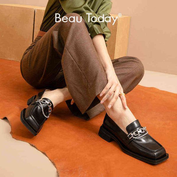women's square head calf leather casual shoes flat and retro bead decorative metal chain 2 9, Black
women's square head calf leather casual shoes flat and retro bead decorative metal chain 2 9, Black
