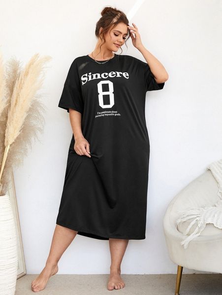 plus slogan graphic keyhole back drop shoulder nightdress i92o#, Black;white 
plus slogan graphic keyhole back drop shoulder nightdress i92o#, Black;white