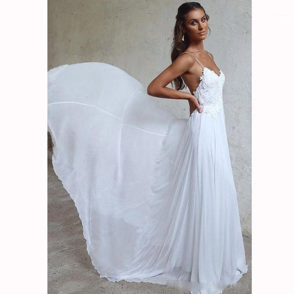 spaghetti straps evening dress with sweep train chiffon appliques lace backless bridal gown summer beach robe de mariage1, White;black
spaghetti straps evening dress with sweep train chiffon appliques lace backless bridal gown summer beach robe de mariage1, White;black