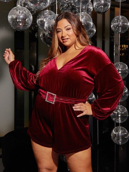plus self belted velvet romper p6yq#, Black 
plus self belted velvet romper p6yq#, Black