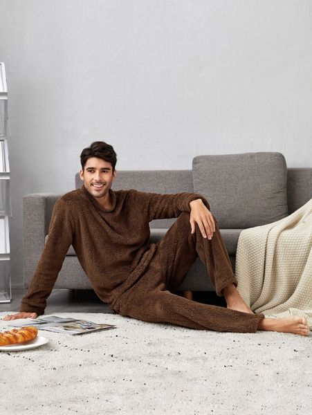 men solid teddy & slant pocket pants pj set 98uy#, Black;brown