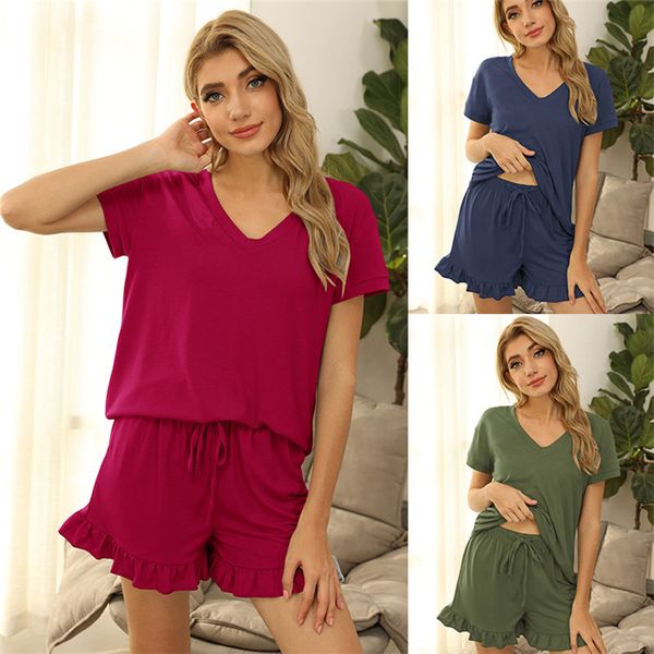 women two piece homewear clothing solid color v neck short sleeve t shirts macrame casual shorts summer comfortable women 2pcs sets, White
women two piece homewear clothing solid color v neck short sleeve t shirts macrame casual shorts summer comfortable women 2pcs sets, White
