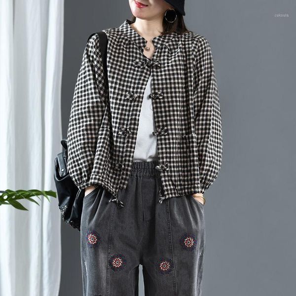 2020 autumn and winter shirt new retro button plaid cotton linen cardigan drawstring swing plaid coat blouse1, White
2020 autumn and winter shirt new retro button plaid cotton linen cardigan drawstring swing plaid coat blouse1, White