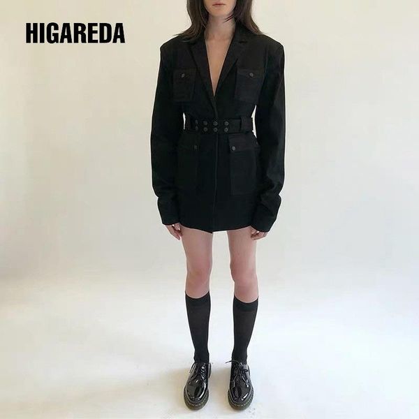 higareda black casual blazer women with sashes long sleeve ladies blazer buttons cotton female jacket high street coat spring, White;black