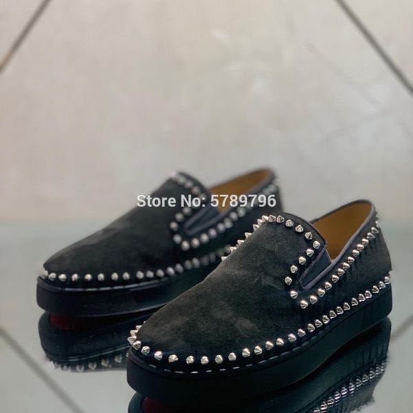 low cut red bottom gray suede genuine leather sports shoes for men casual flats loafers circle silver rivets walking sneakers, Black 
low cut red bottom gray suede genuine leather sports shoes for men casual flats loafers circle silver rivets walking sneakers, Black